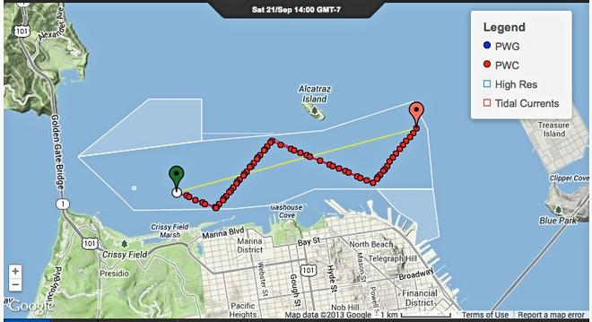 Downwind course projection September 21, 2013 - faint purple line is for Race 14, Red dotted line is for Race 15 © PredictWind.com www.predictwind.com